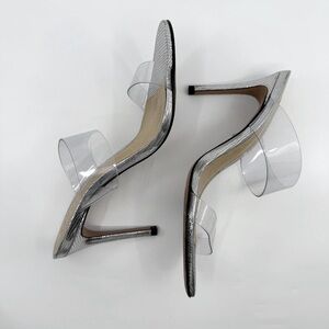 SCHUTZ Ariella Transparent Sandal Heeled Snakeskin Embossed‎ Silver Women 7
